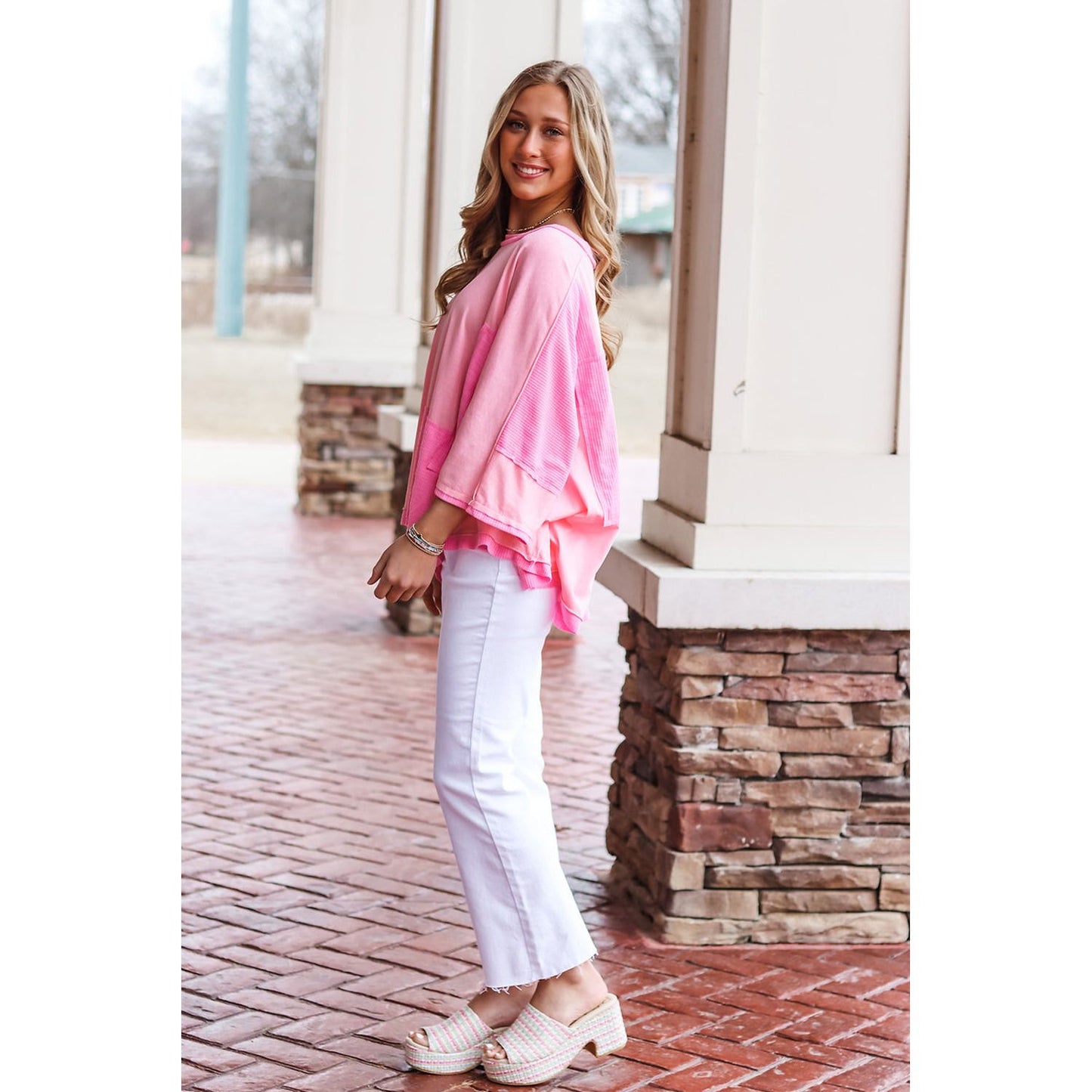 Born To Fly Pink Color Block Patchwork 3/4 Sleeve Shirt