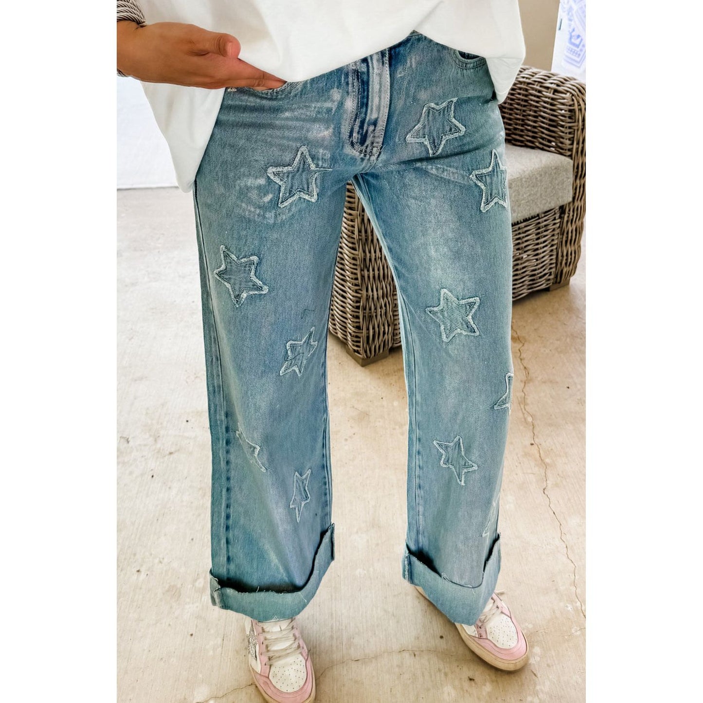 Dusk Blue Star Patched Straight Leg Loose Jeans