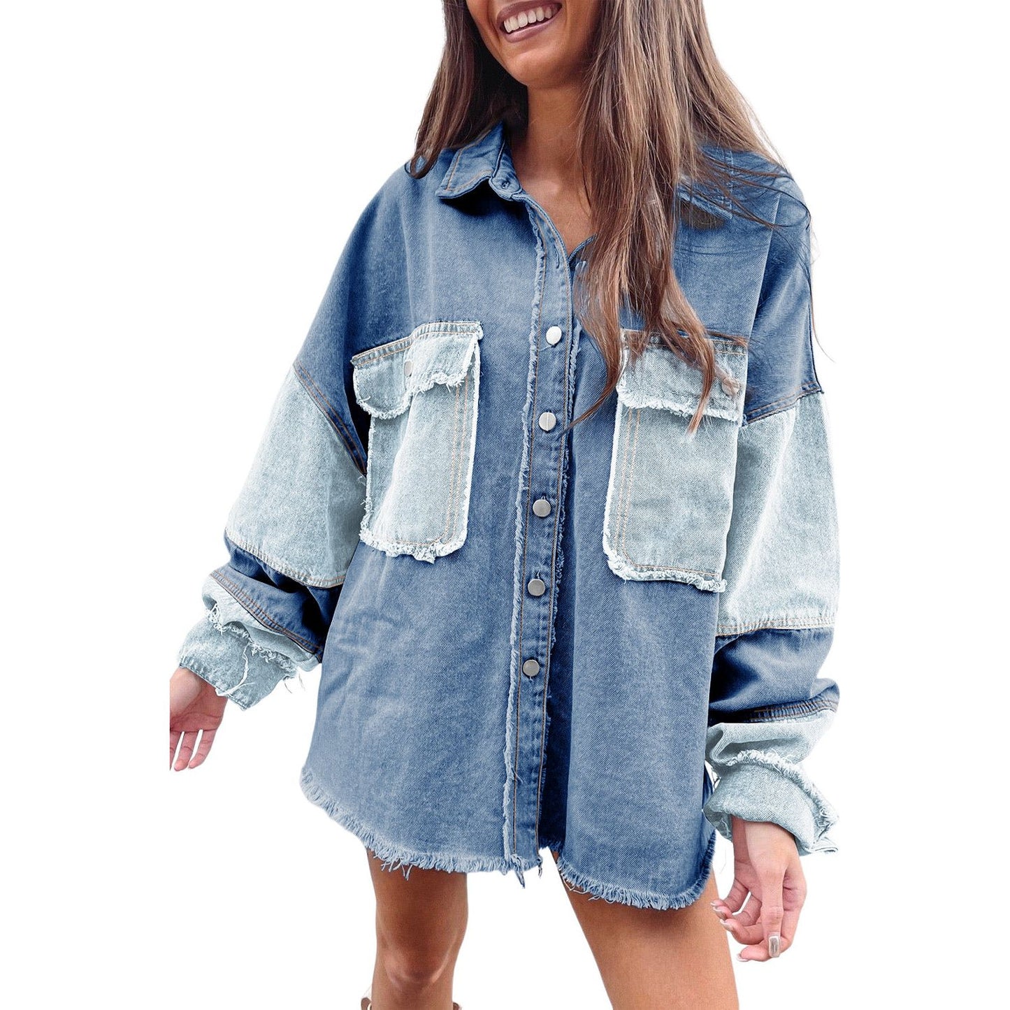 Dark Blue Patchwork Raw Hem Oversized Denim Shacket