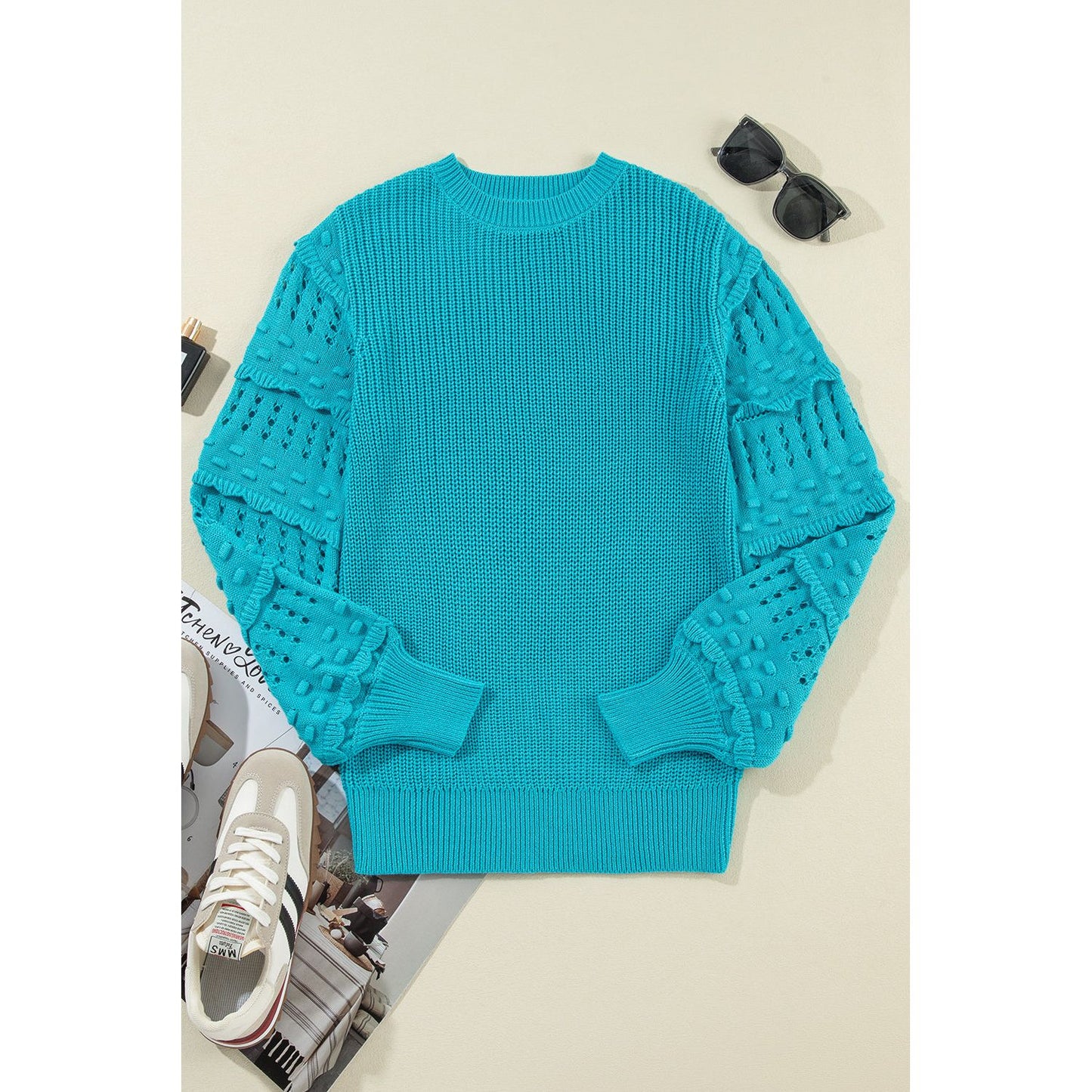 Turquoise Ruffled Eyelet Bubble Sleeve Sweater