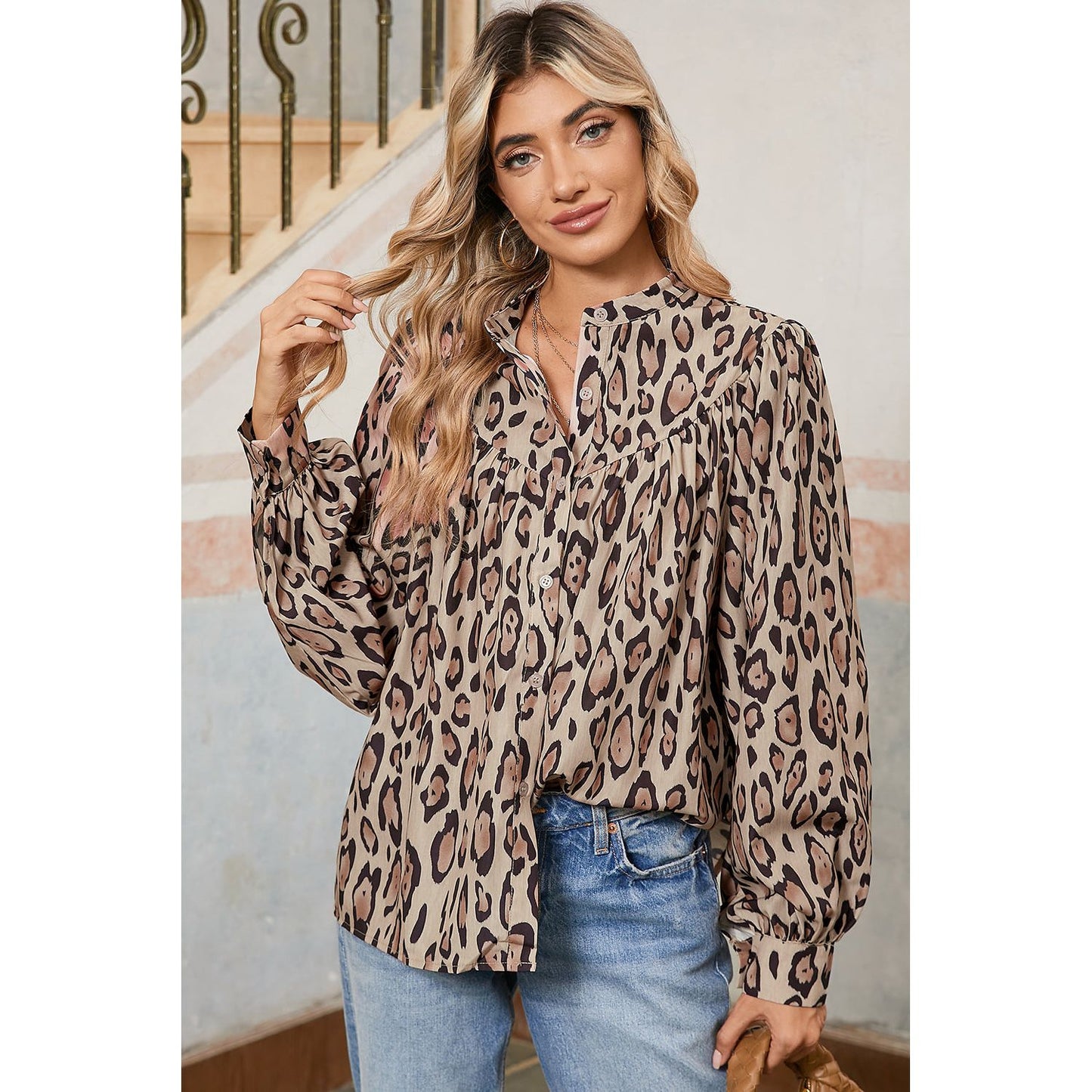 Jet Stream Leopard Print Balloon Sleeve Loose Blouse