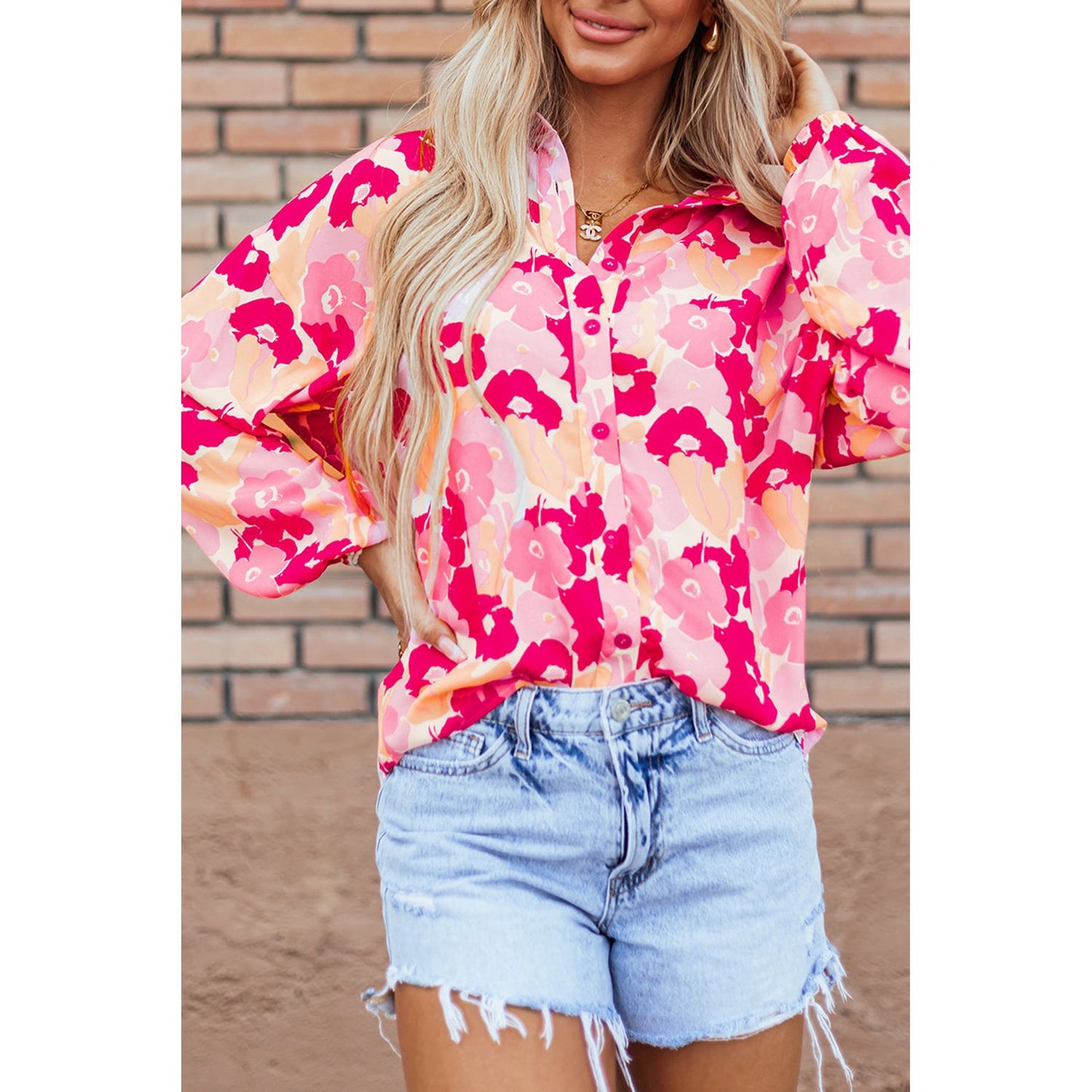 Pink Blooming Floral Print Puff Sleeve Buttoned Blouse