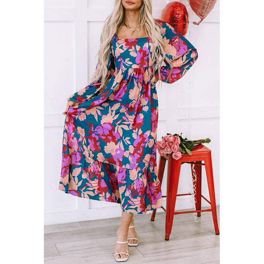 Fields of Floral Square Neck Ruffled Dress