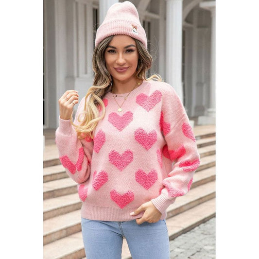 Fuzzy Pink Heart Knit Sweater