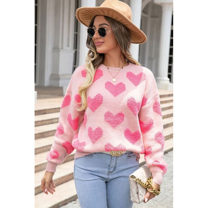 Fuzzy Pink Heart Knit Sweater