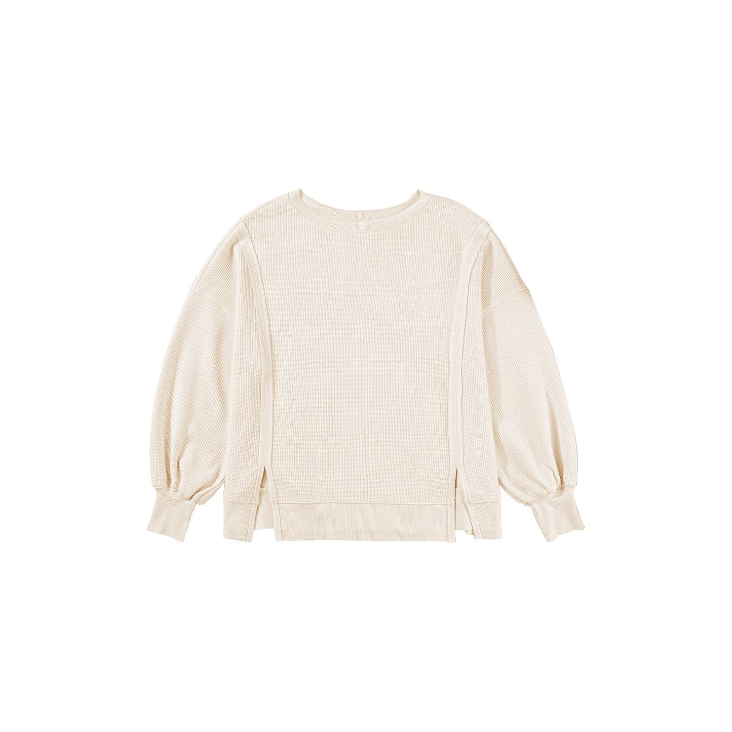 White Waffle Bishop Sleeve Split Oversized Sweatshirt