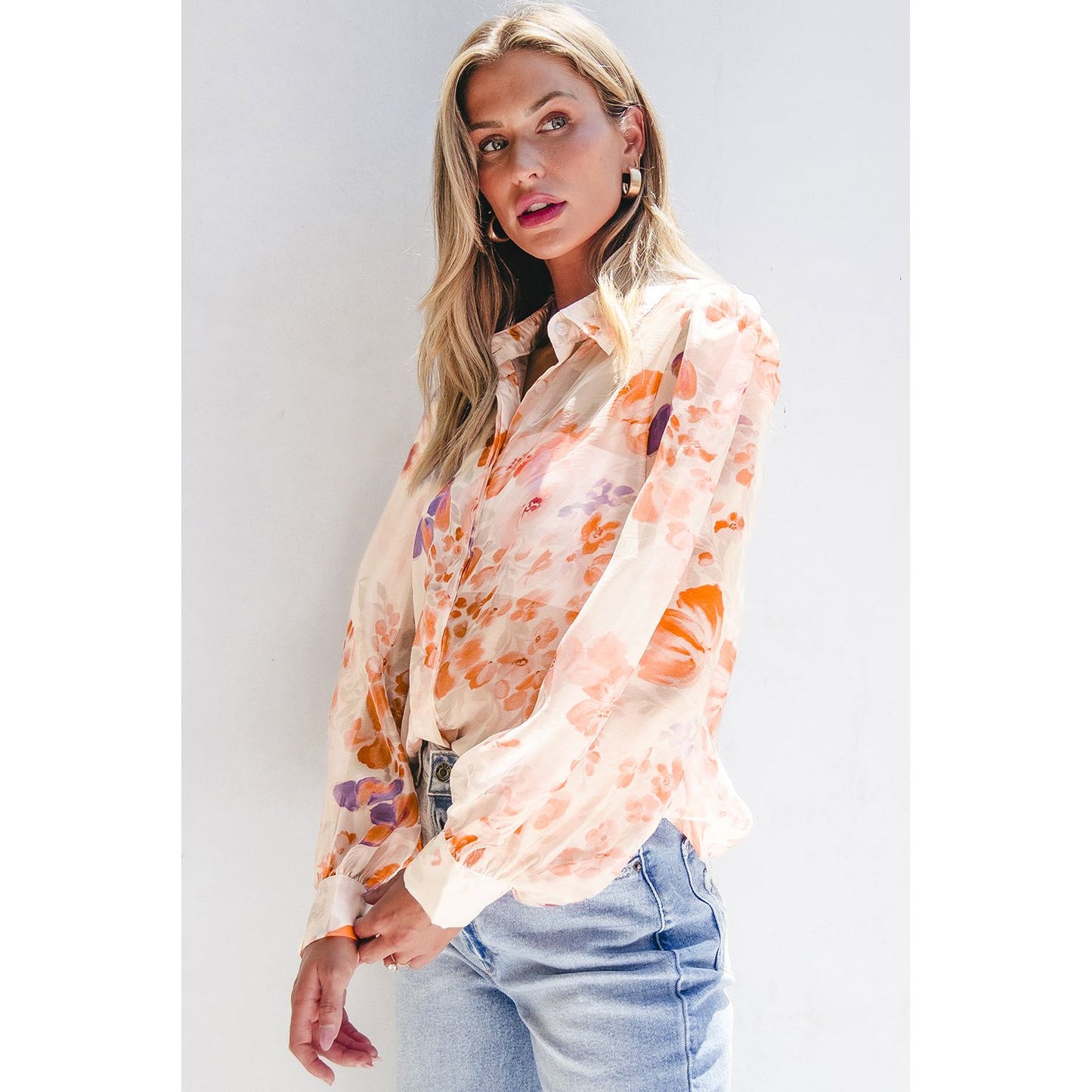 White Floral Print Collared Balloon Sleeve Blouse