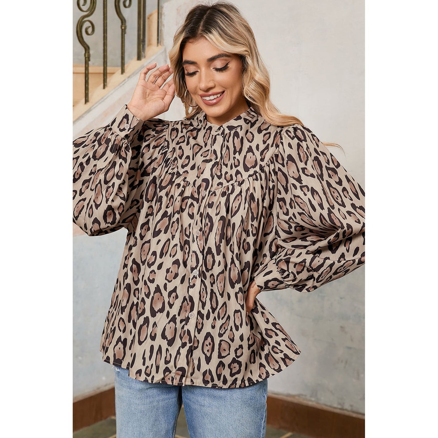 Jet Stream Leopard Print Balloon Sleeve Loose Blouse