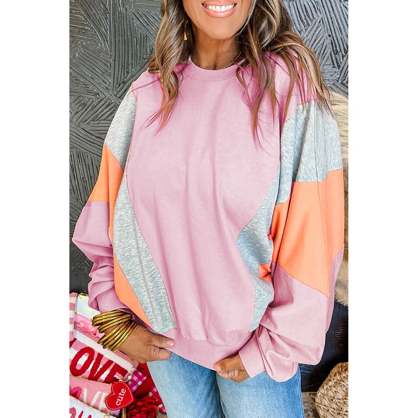 Meant To Be Color Block Batwing Sleeve Loose Fit Sweatshirt