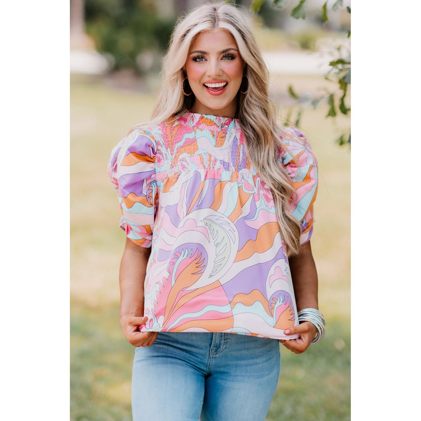 Color Me Pink Abstract Print Bubble Sleeve Blouse