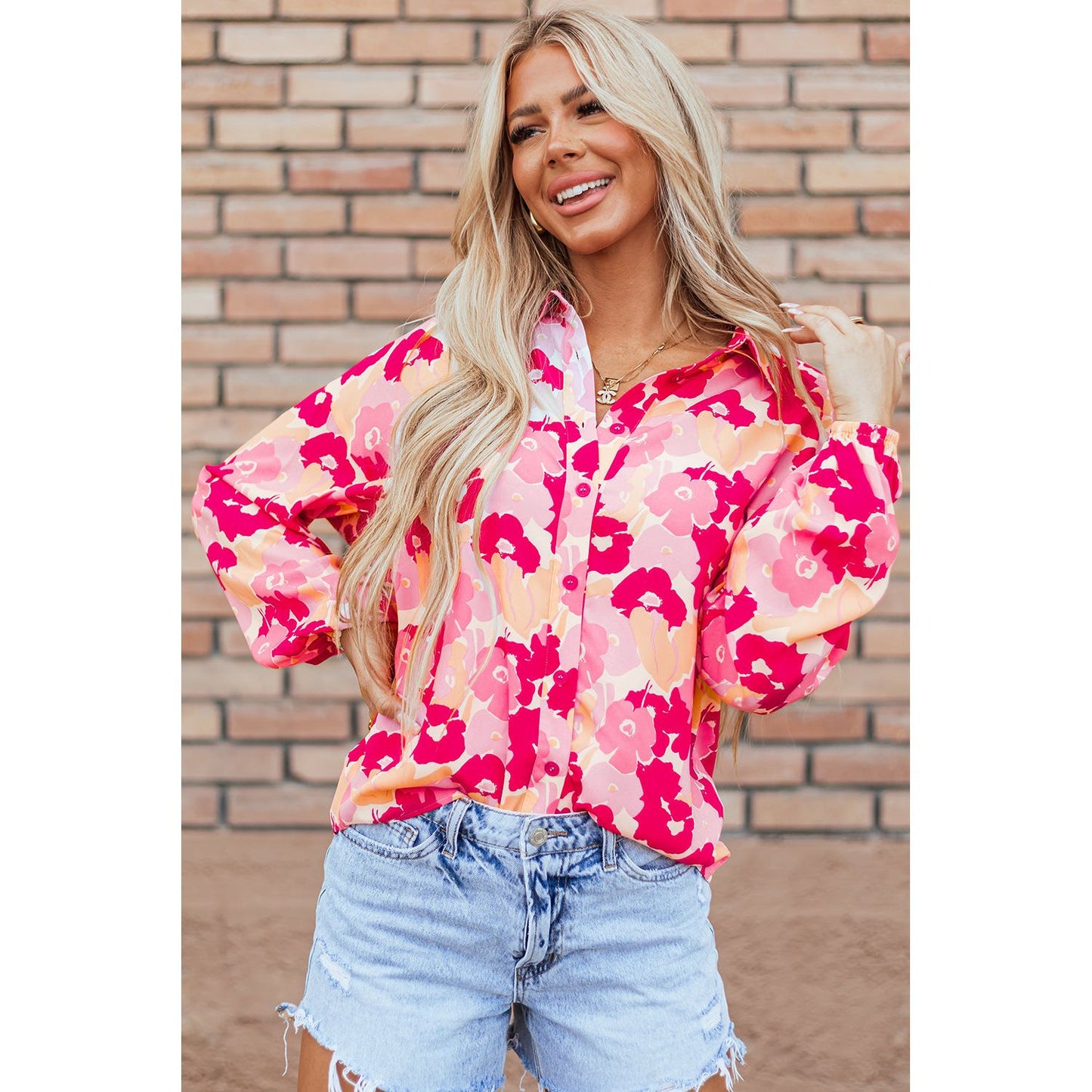 Pink Blooming Floral Print Puff Sleeve Buttoned Blouse