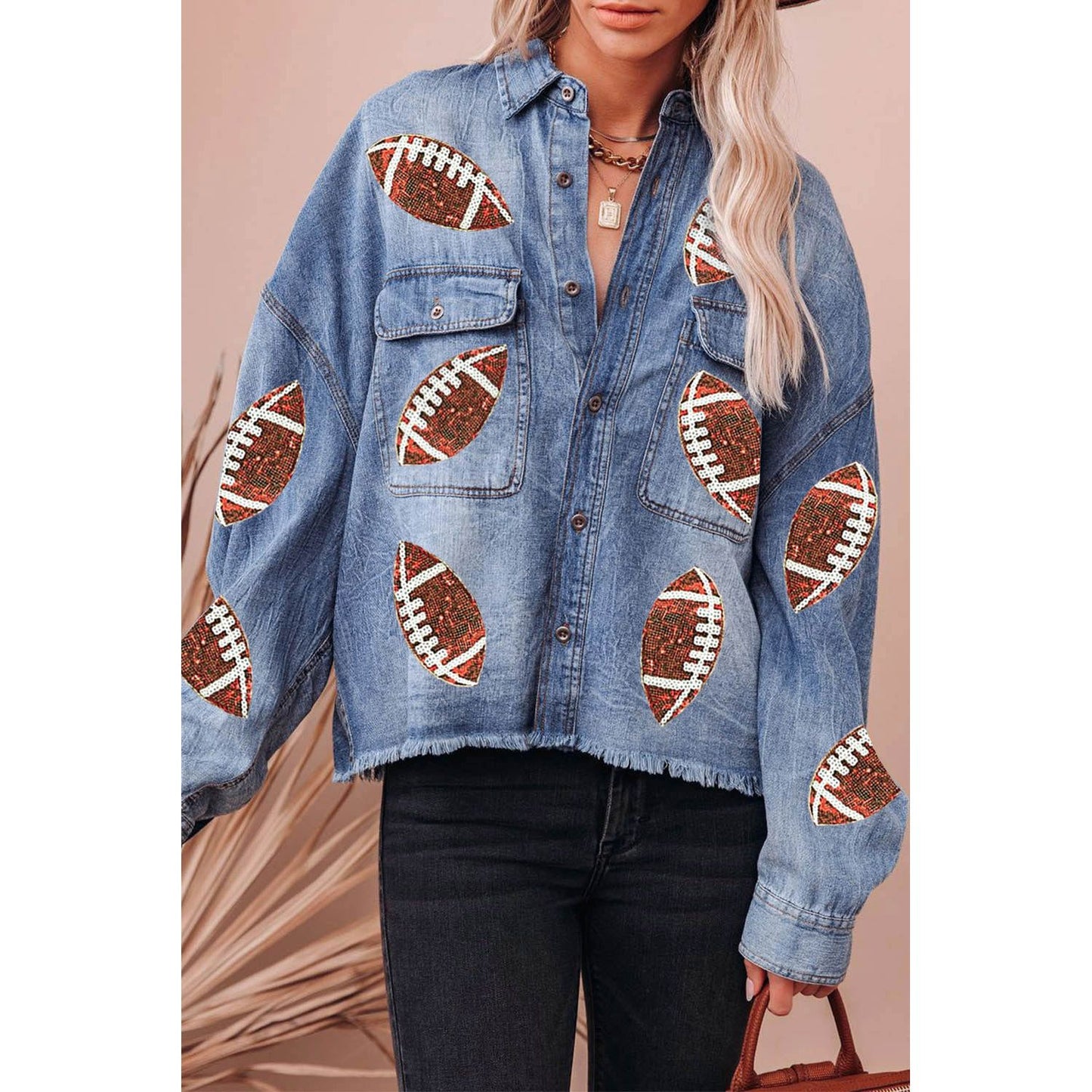 Sequined Football Patchwork Flap Pockets Raw Hem Denim Jacket