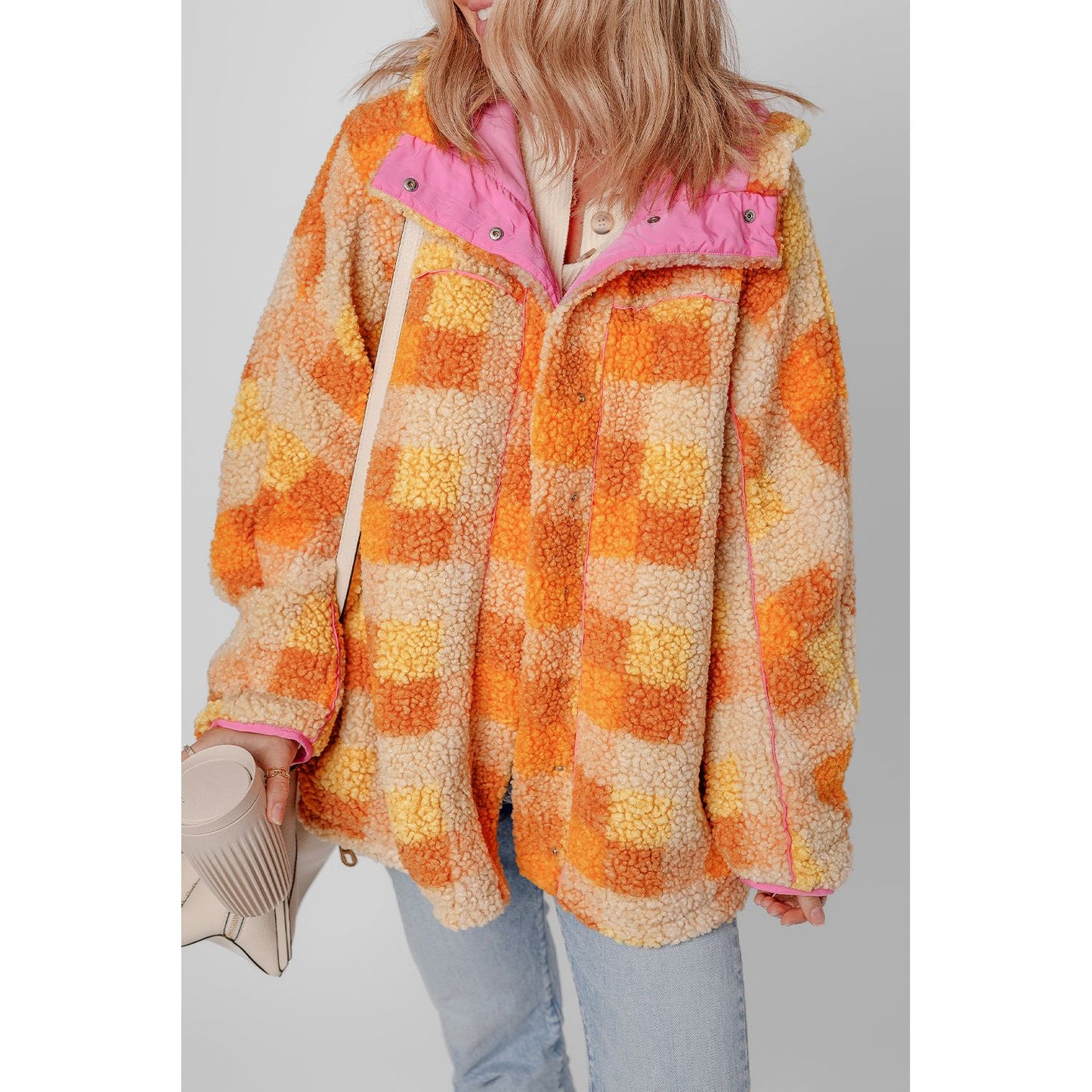 Orange Checkered Sherpa Hooded Jacket