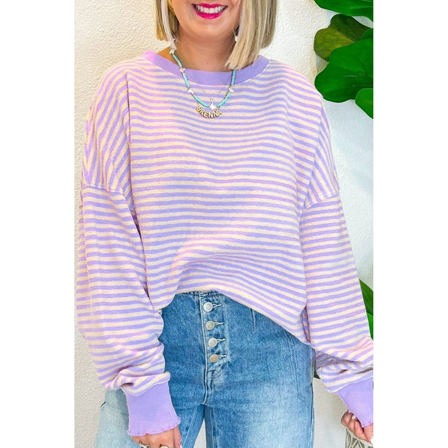 Brown Stripe Drop Shoulder Long Sleeve Top