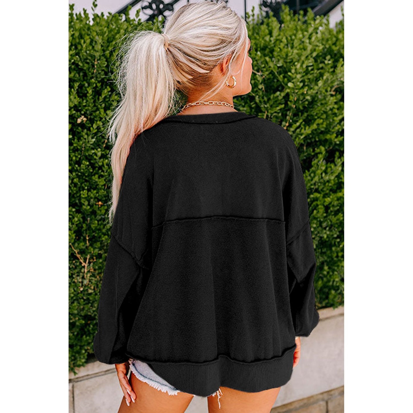 Slouchy Drop Shoulder Henley Sweatshirt