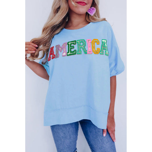 Misty Blue Sparkle America Pastel Embroidered Graphic T-shirt