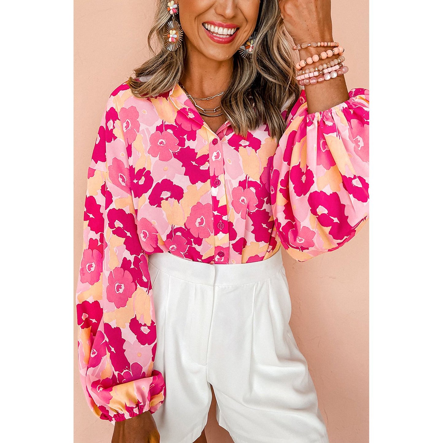 Pink Blooming Floral Print Puff Sleeve Buttoned Blouse