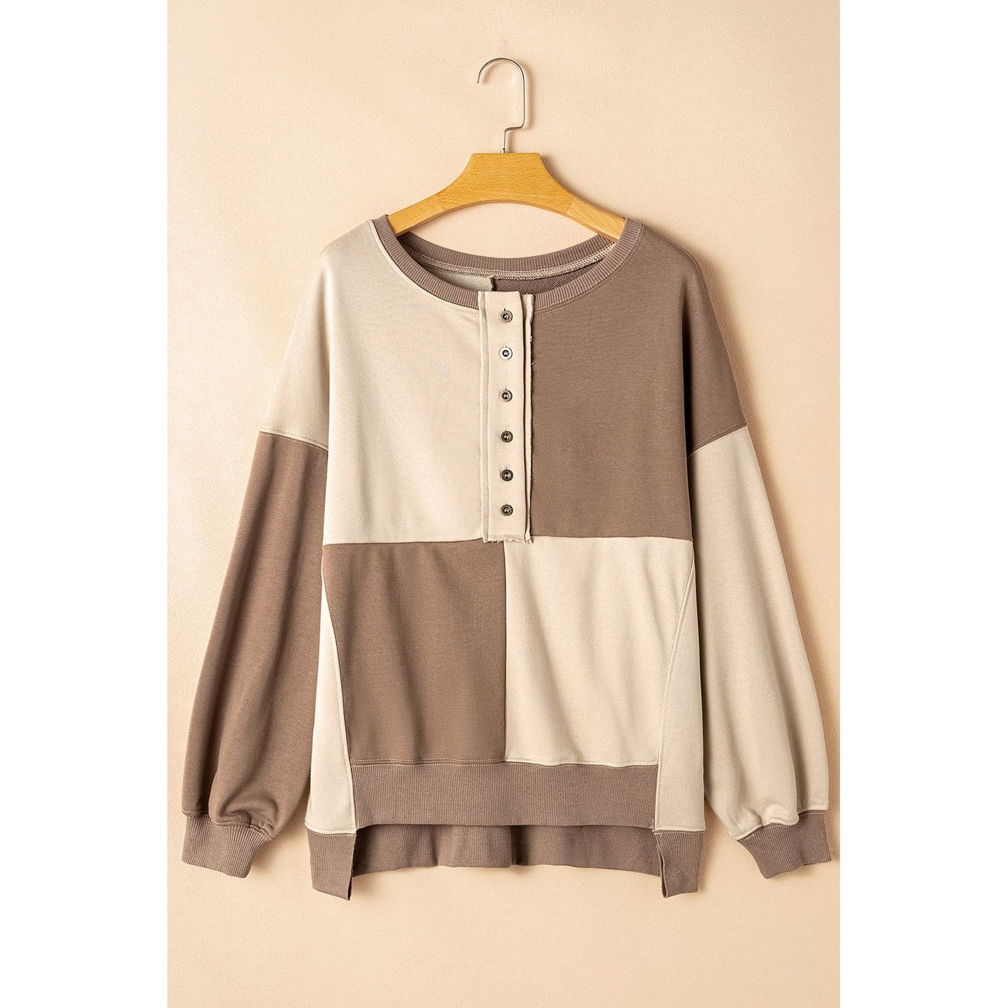 By the Fire Beige Colorblock Henley High Low Pullover