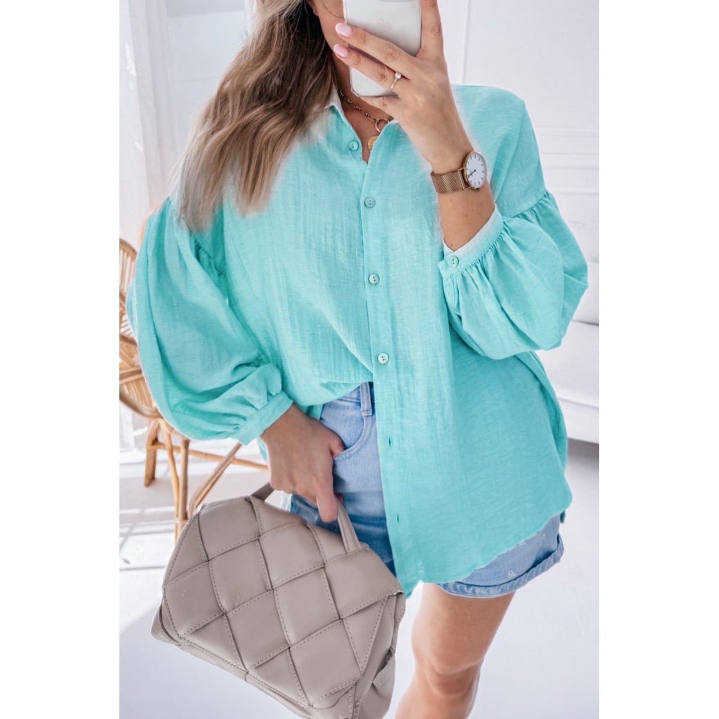 Iceland Blue Solid Puff Sleeve Loose Fit Buttoned Shirt