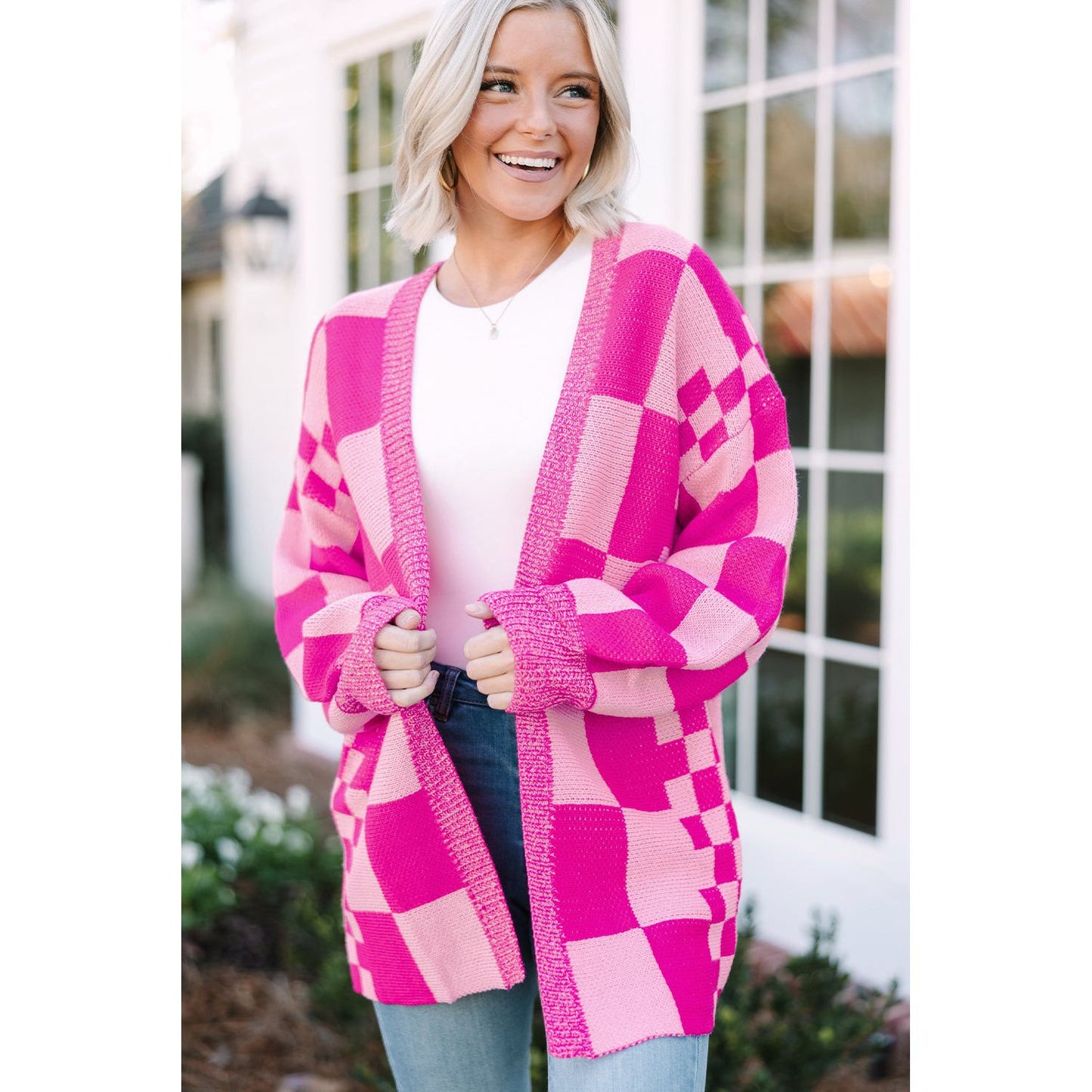 Heart Eyes Checkered Printed Open Front Cardigan