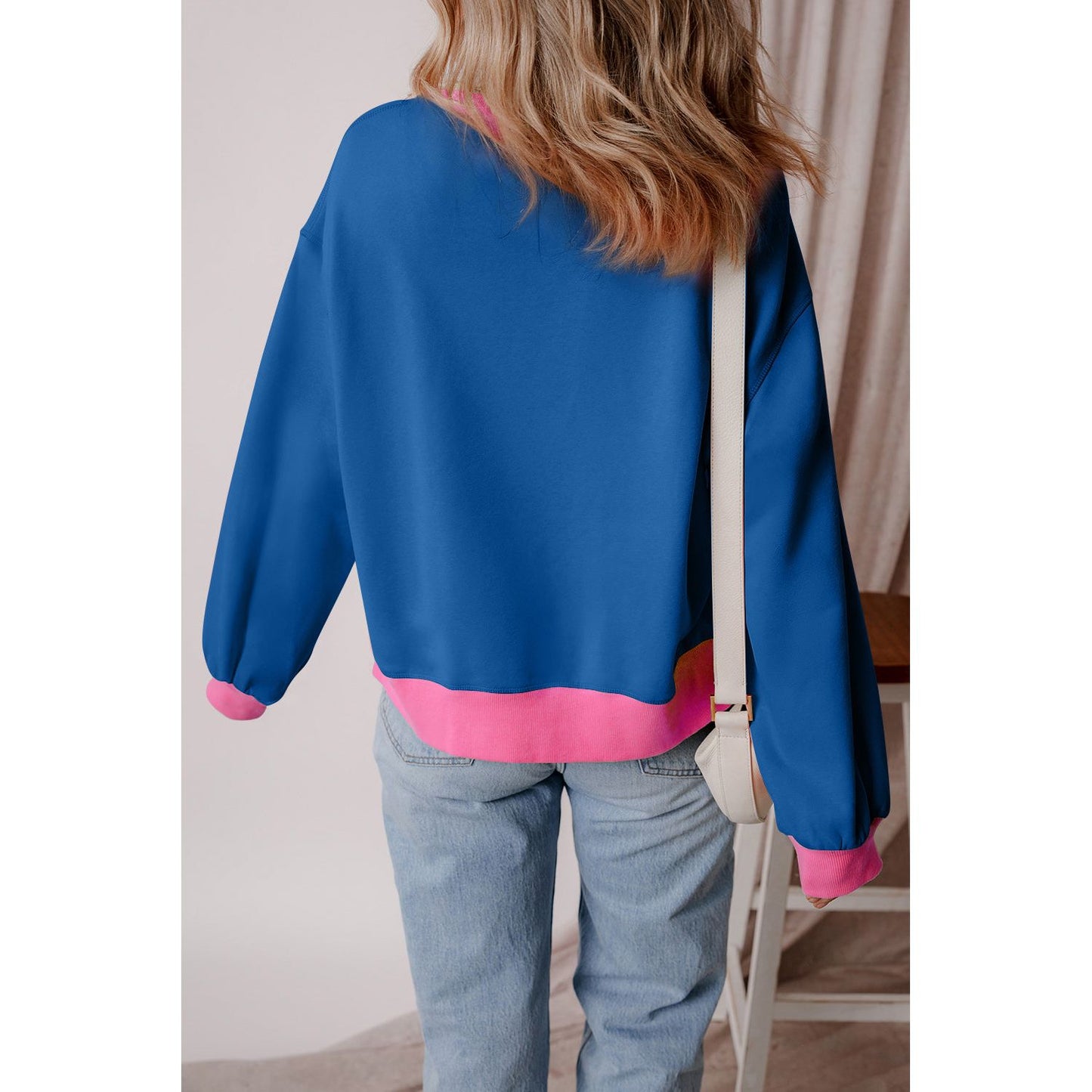 Blue Colorblock Bubble Sleeve Sweatshirt