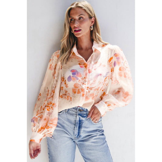 White Floral Print Collared Balloon Sleeve Blouse