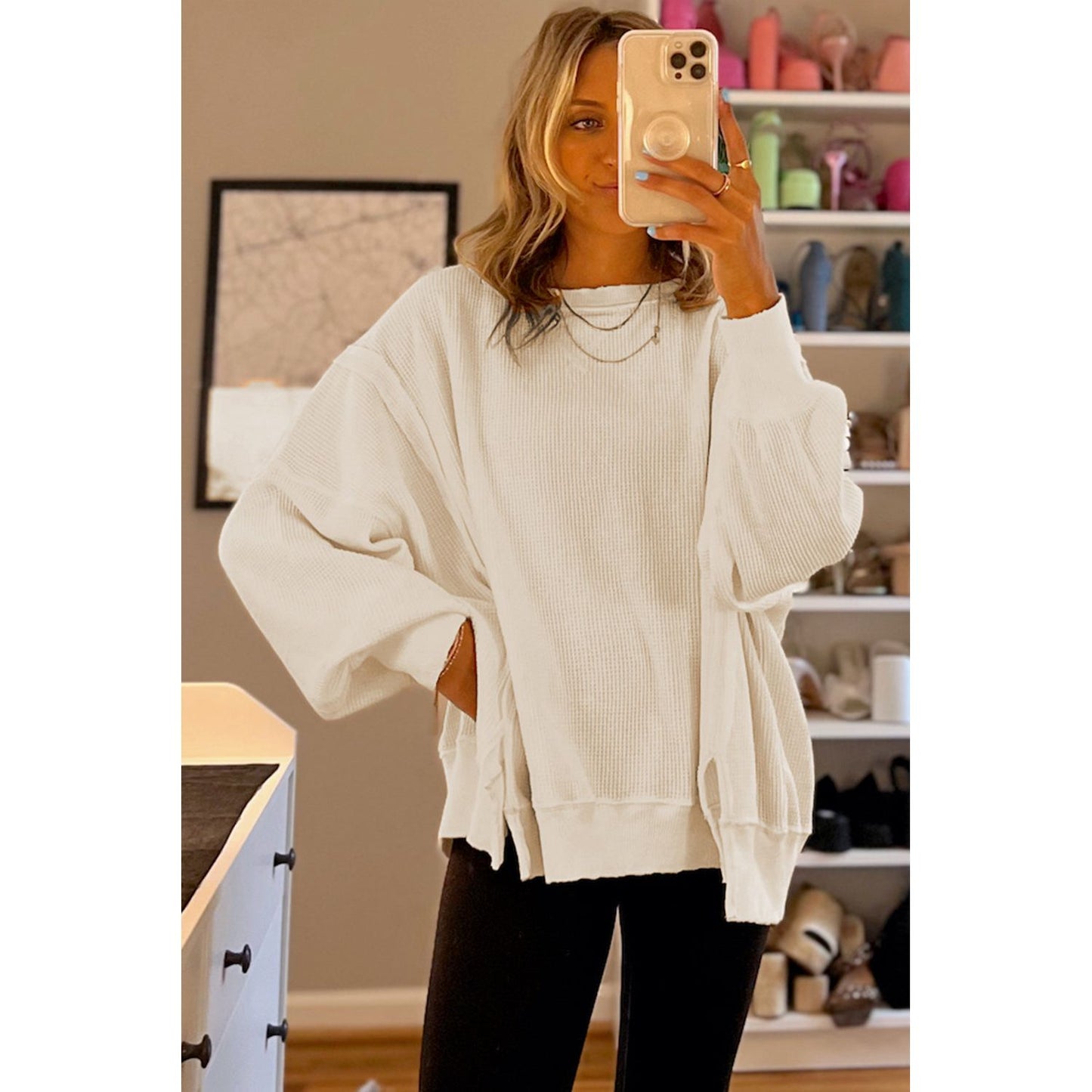 White Waffle Bishop Sleeve Split Oversized Sweatshirt