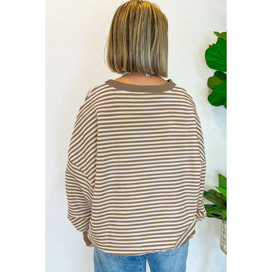 Brown Stripe Drop Shoulder Long Sleeve Top