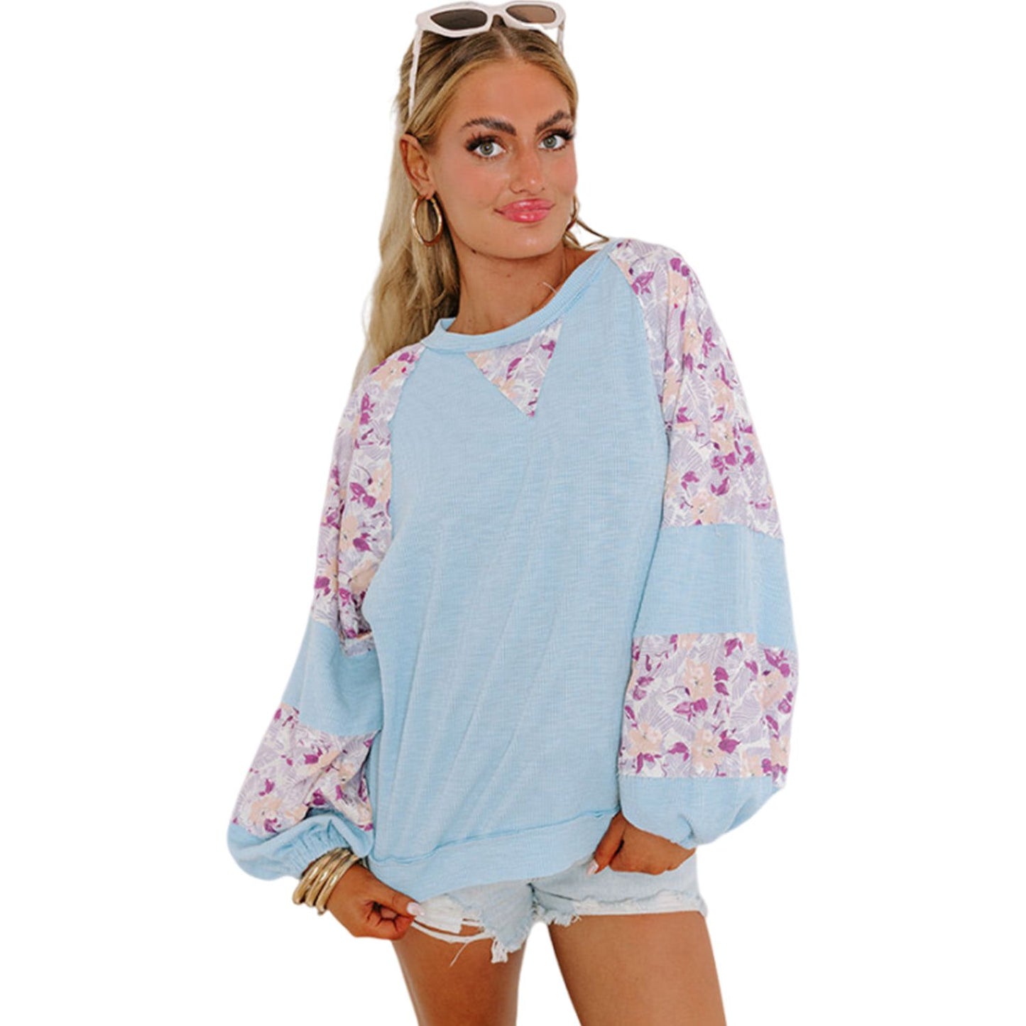 Beau Blue Ribbed Floral Patchwork Balloon Sleeve Top