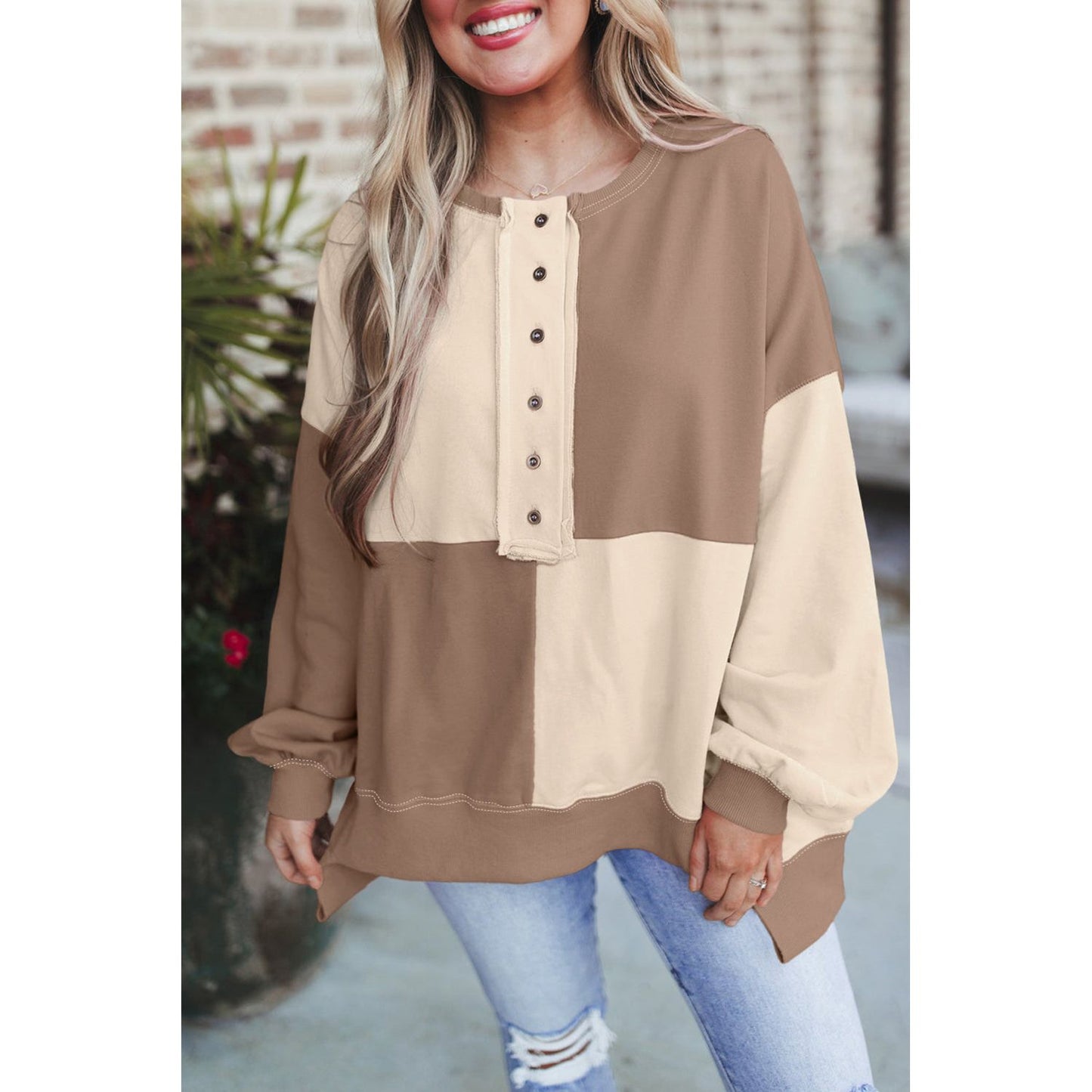 By the Fire Beige Colorblock Henley High Low Pullover