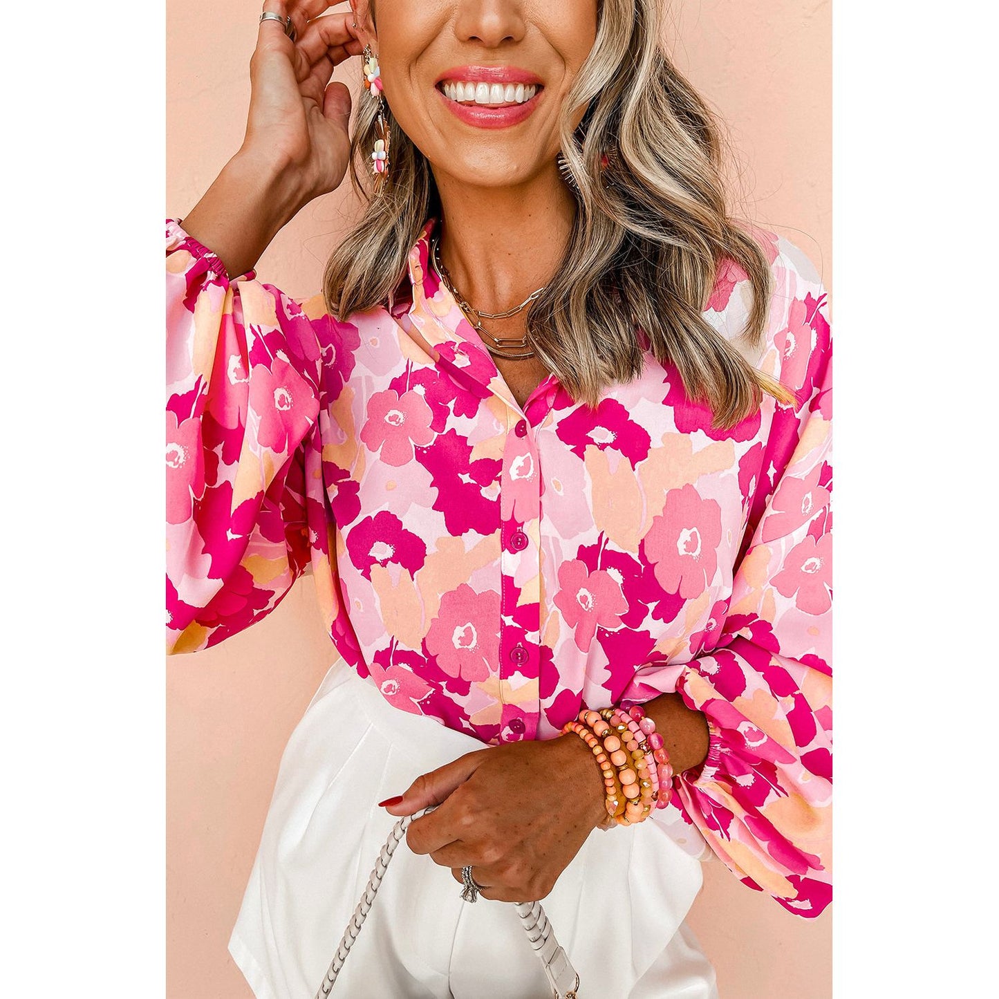 Pink Blooming Floral Print Puff Sleeve Buttoned Blouse