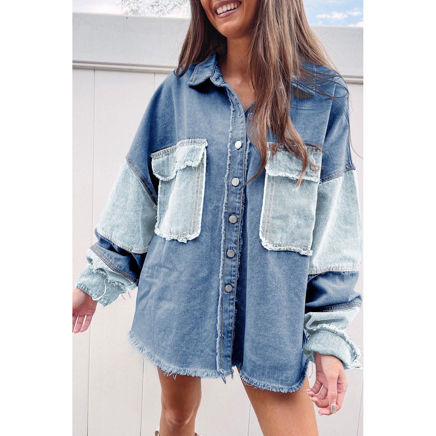 Dark Blue Patchwork Raw Hem Oversized Denim Shacket