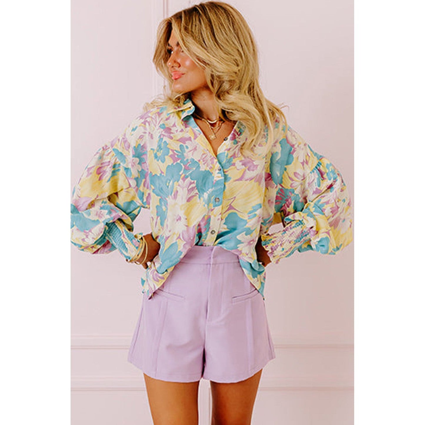 Yellow Floral Print Shirred Cuff Blouse