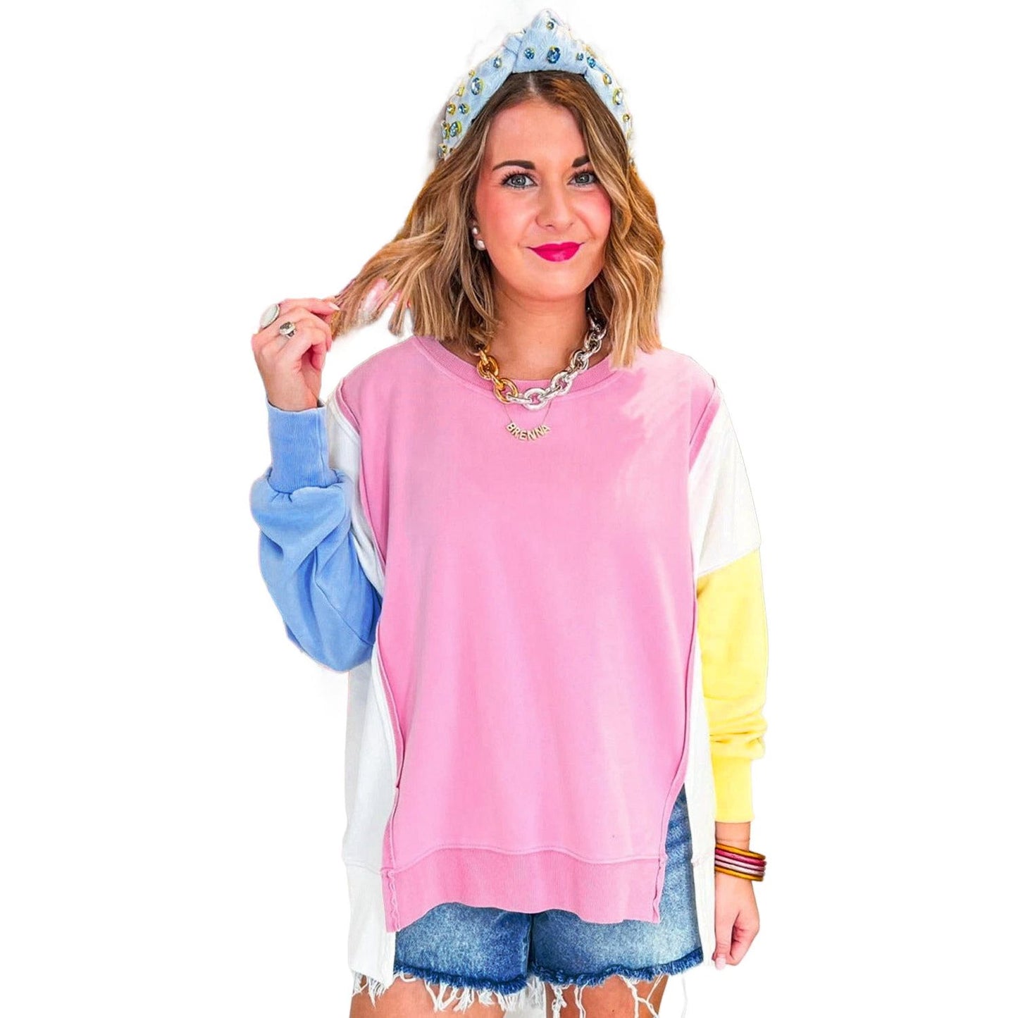 Bonbon Color Block Exposed Seam Patchwork Side Slits Sweatshirt