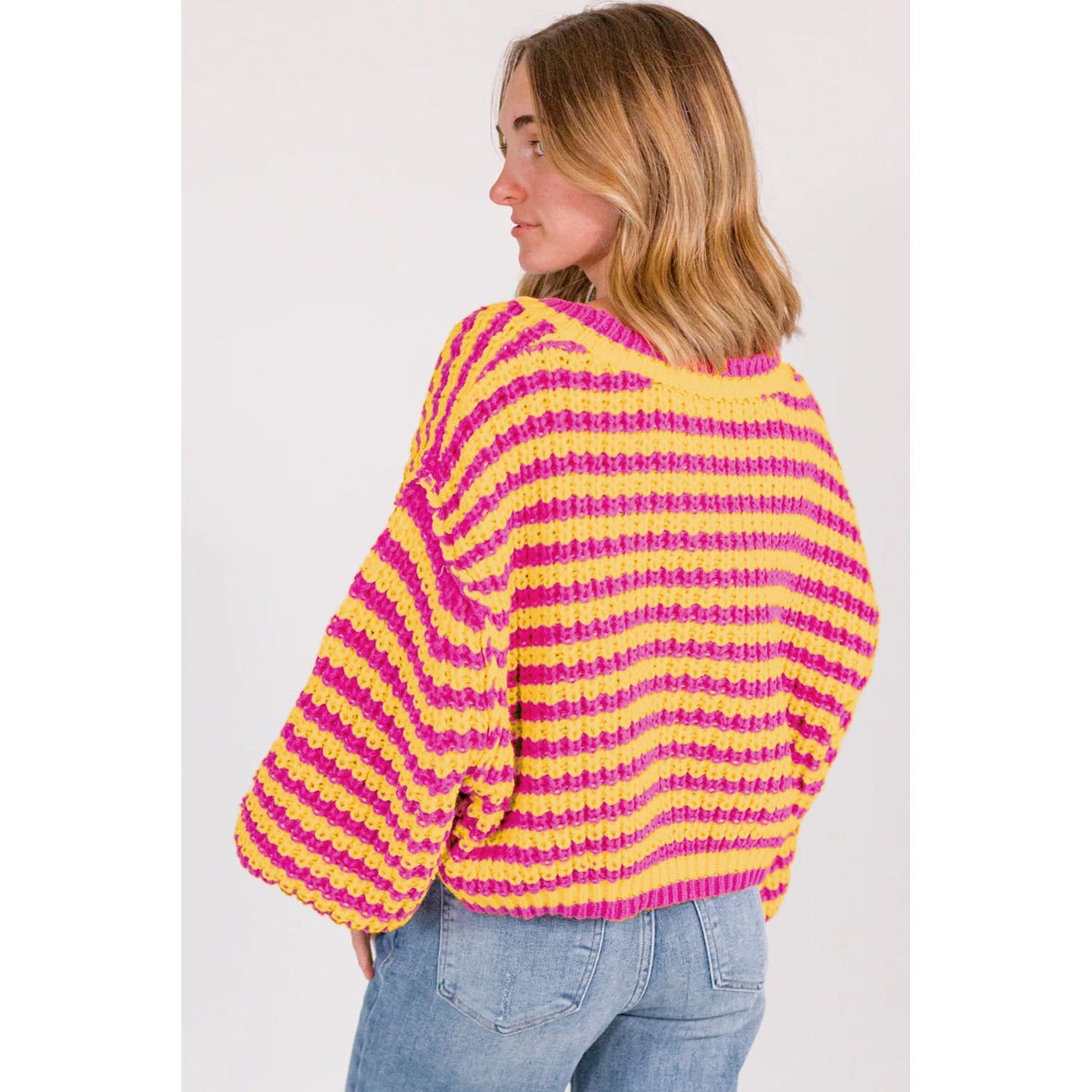 Orange Striped Bubble Sleeve Loose Sweater