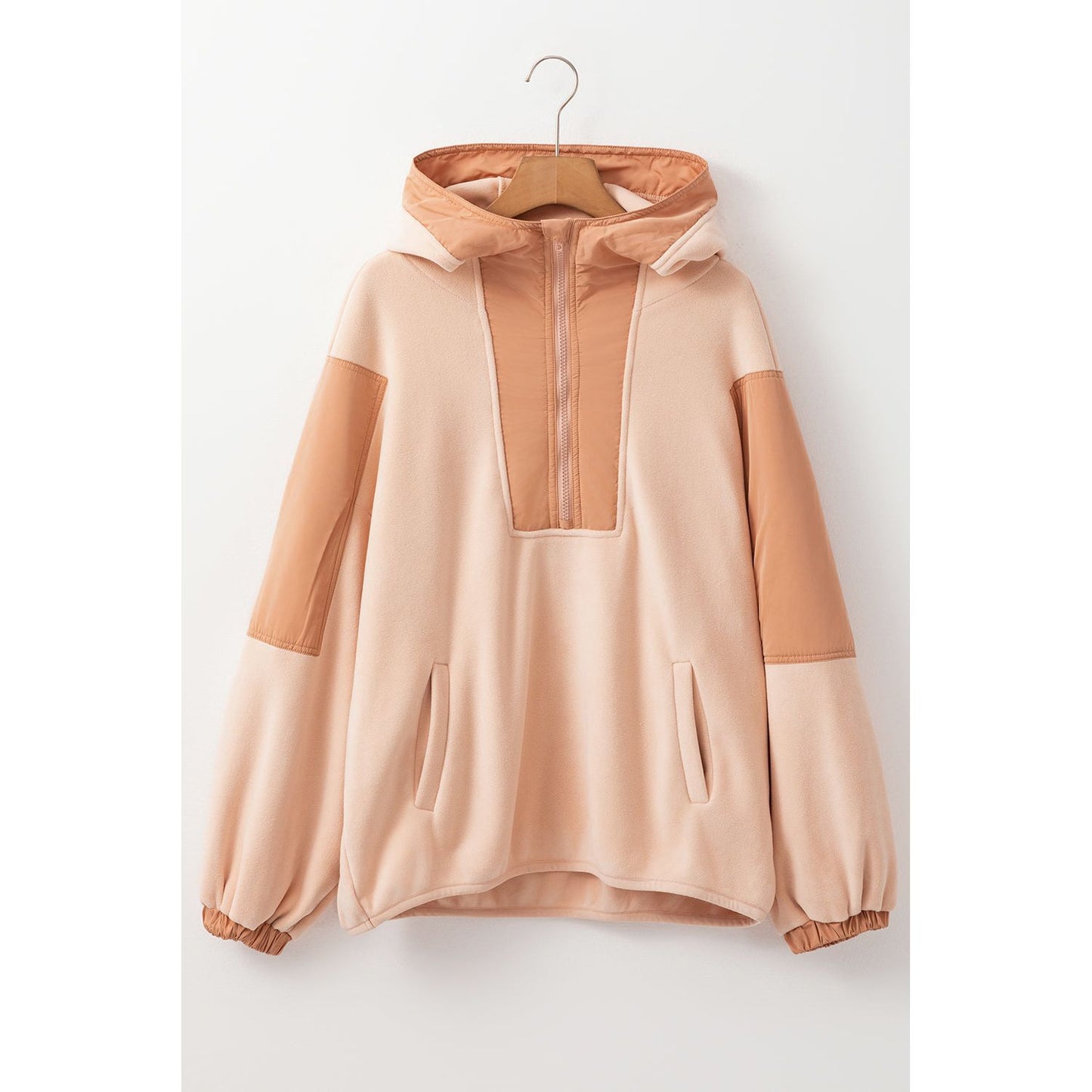 Day Date Beige Colorblock Half Zip Oversized Sherpa Hoodie