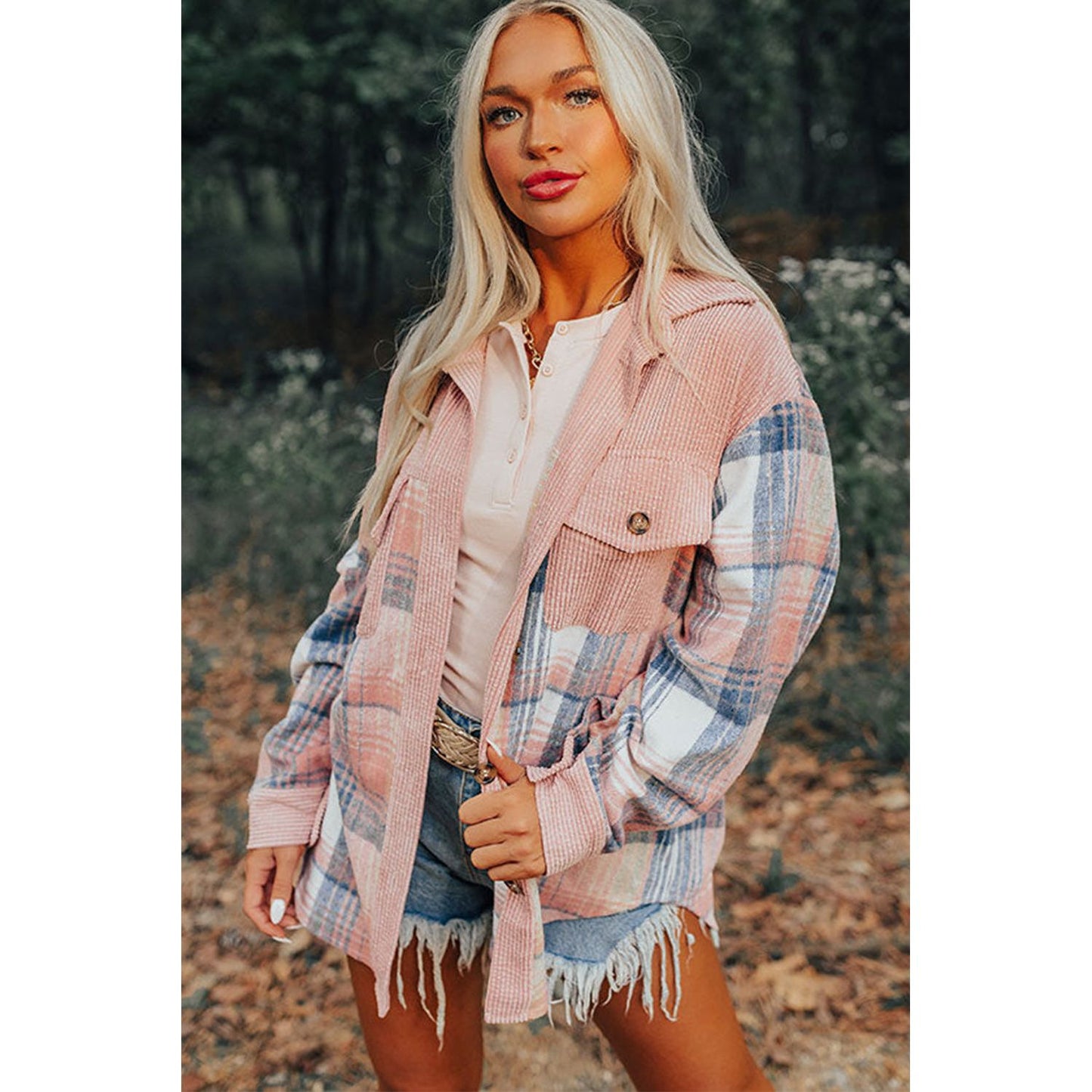 Campfire Nights Light Pink Plaid Corduroy Patchwork Chest Pocket Shacket