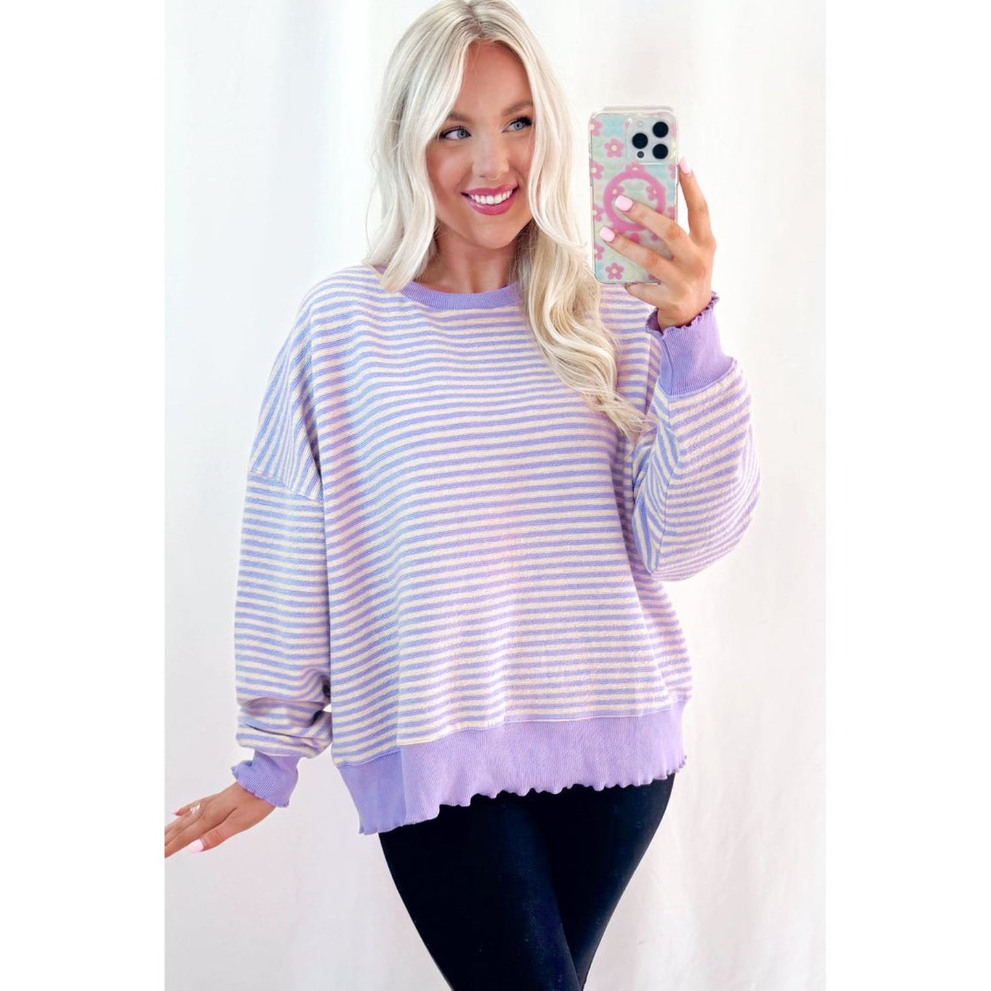 Brown Stripe Drop Shoulder Long Sleeve Top