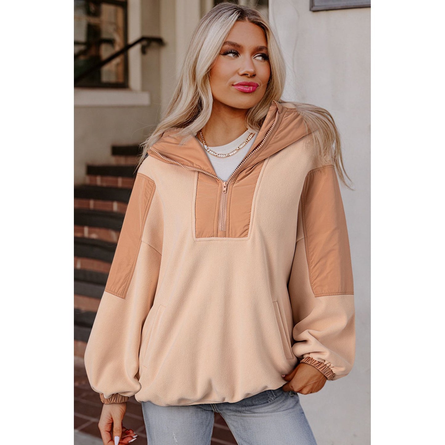 Day Date Beige Colorblock Half Zip Oversized Sherpa Hoodie