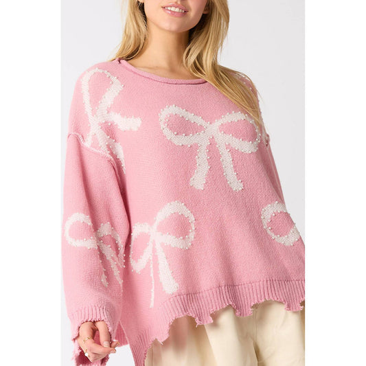 Pink Bow Pattern Pearl Embellished Raw Hem Sweater