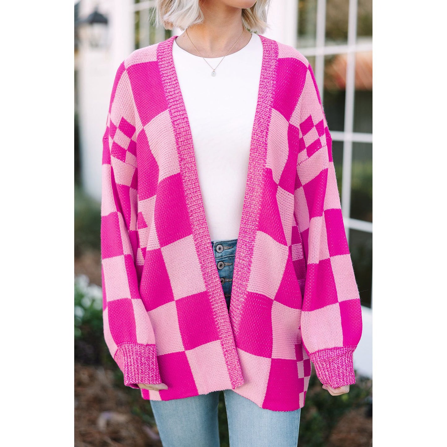 Heart Eyes Checkered Printed Open Front Cardigan