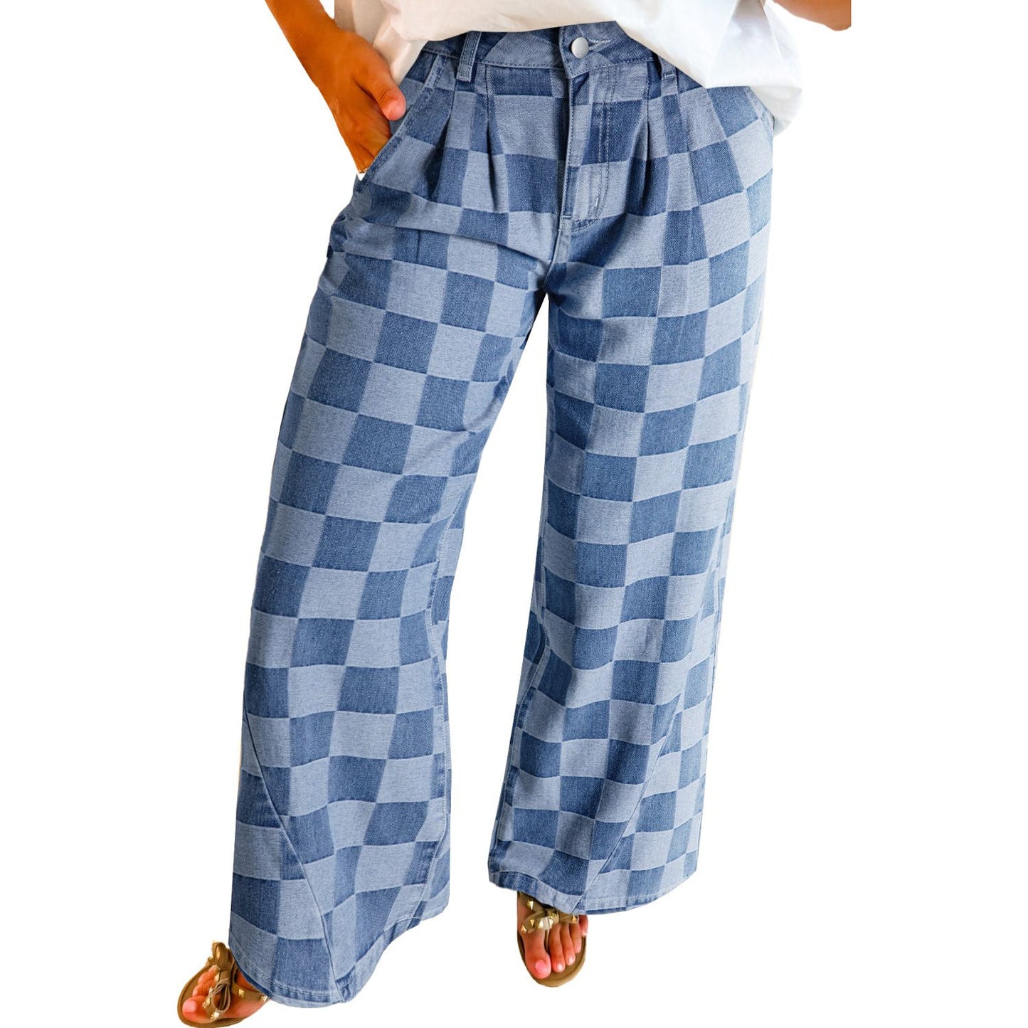 Dusk Blue Checkered Light Washed Wide Leg Jeans