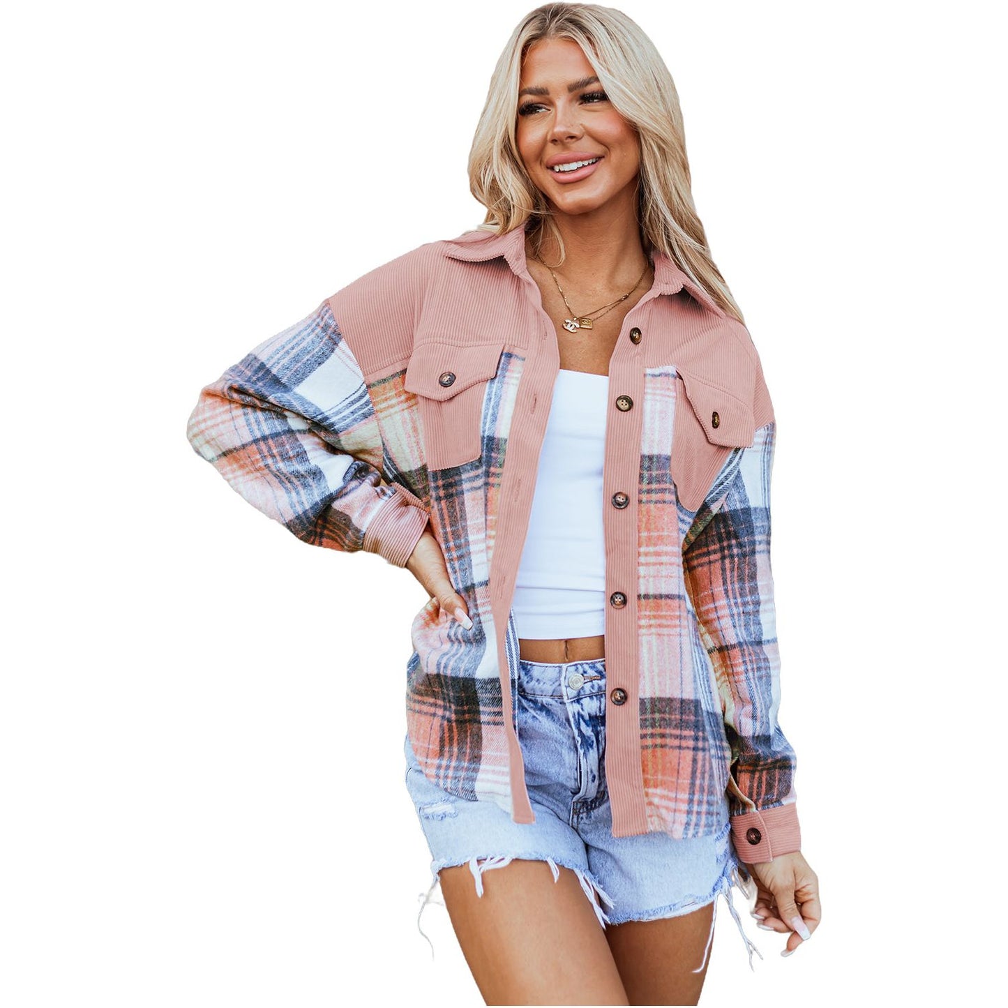 Campfire Nights Light Pink Plaid Corduroy Patchwork Chest Pocket Shacket