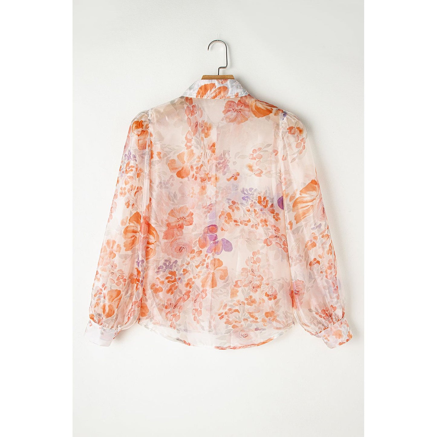 White Floral Print Collared Balloon Sleeve Blouse