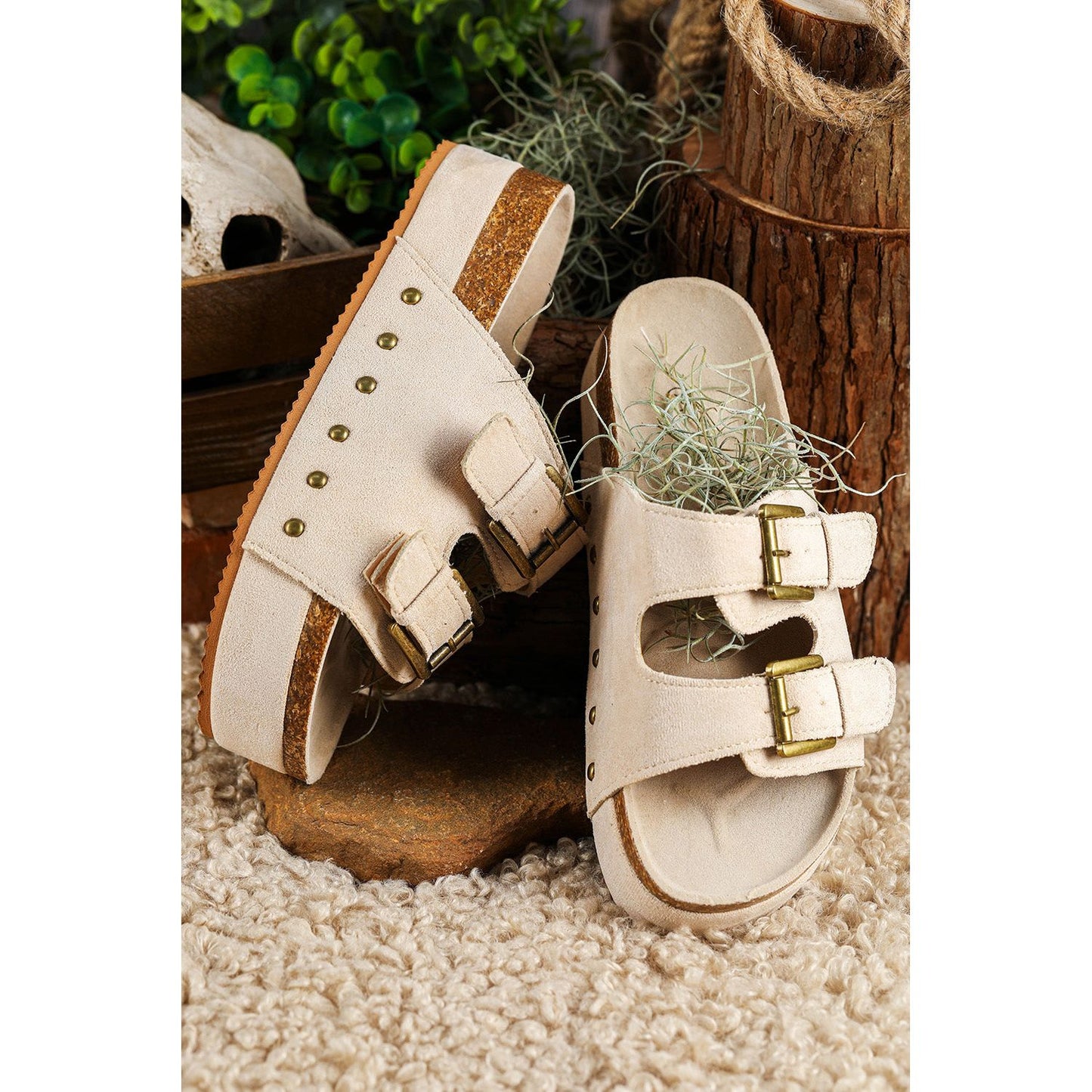 Beige Suede Buckle Decor Footbed Sandal Slippers