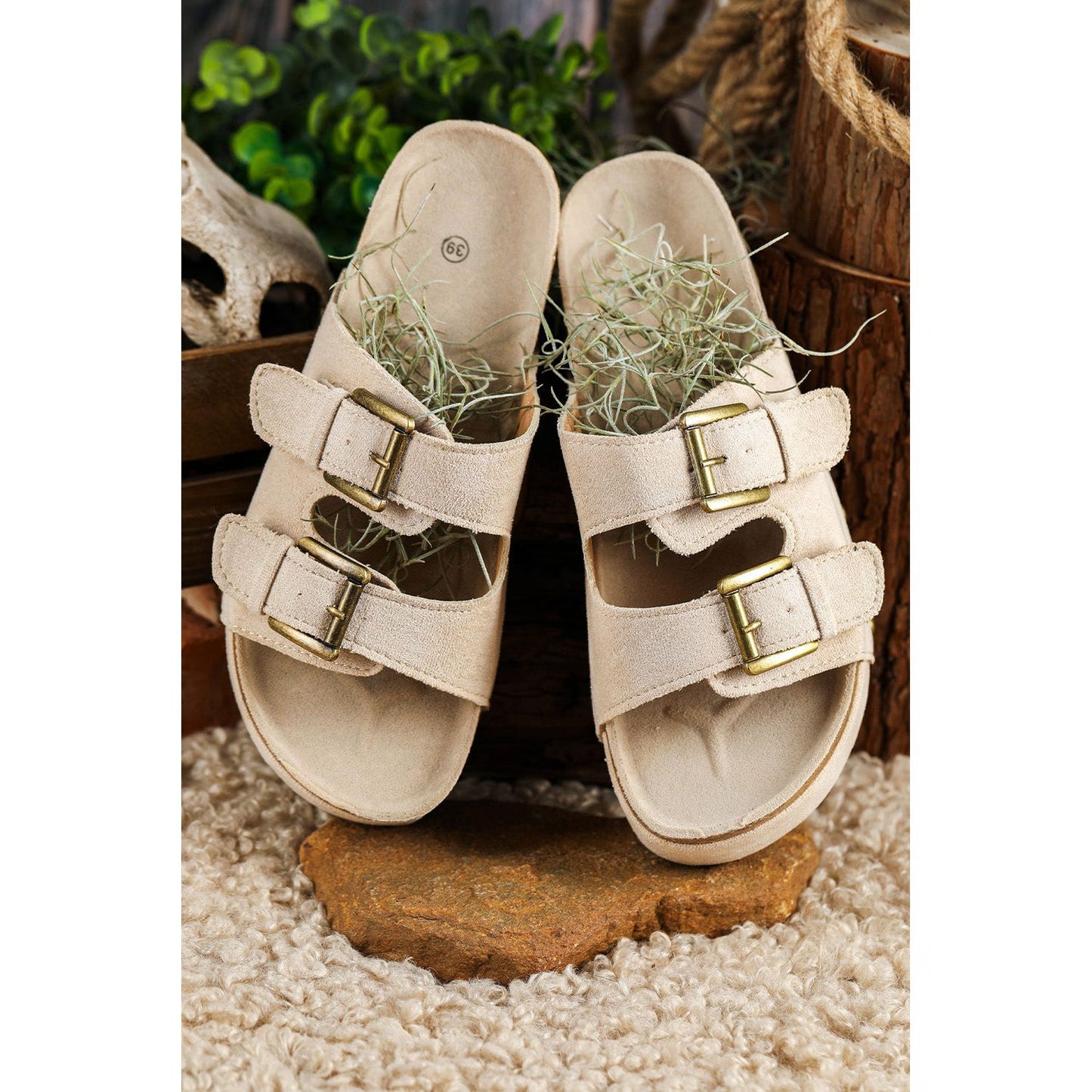 Beige Suede Buckle Decor Footbed Sandal Slippers