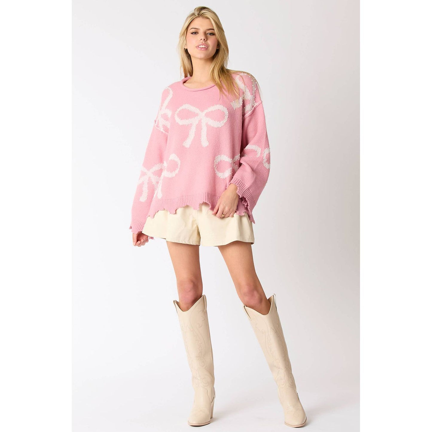 Pink Bow Pattern Pearl Embellished Raw Hem Sweater