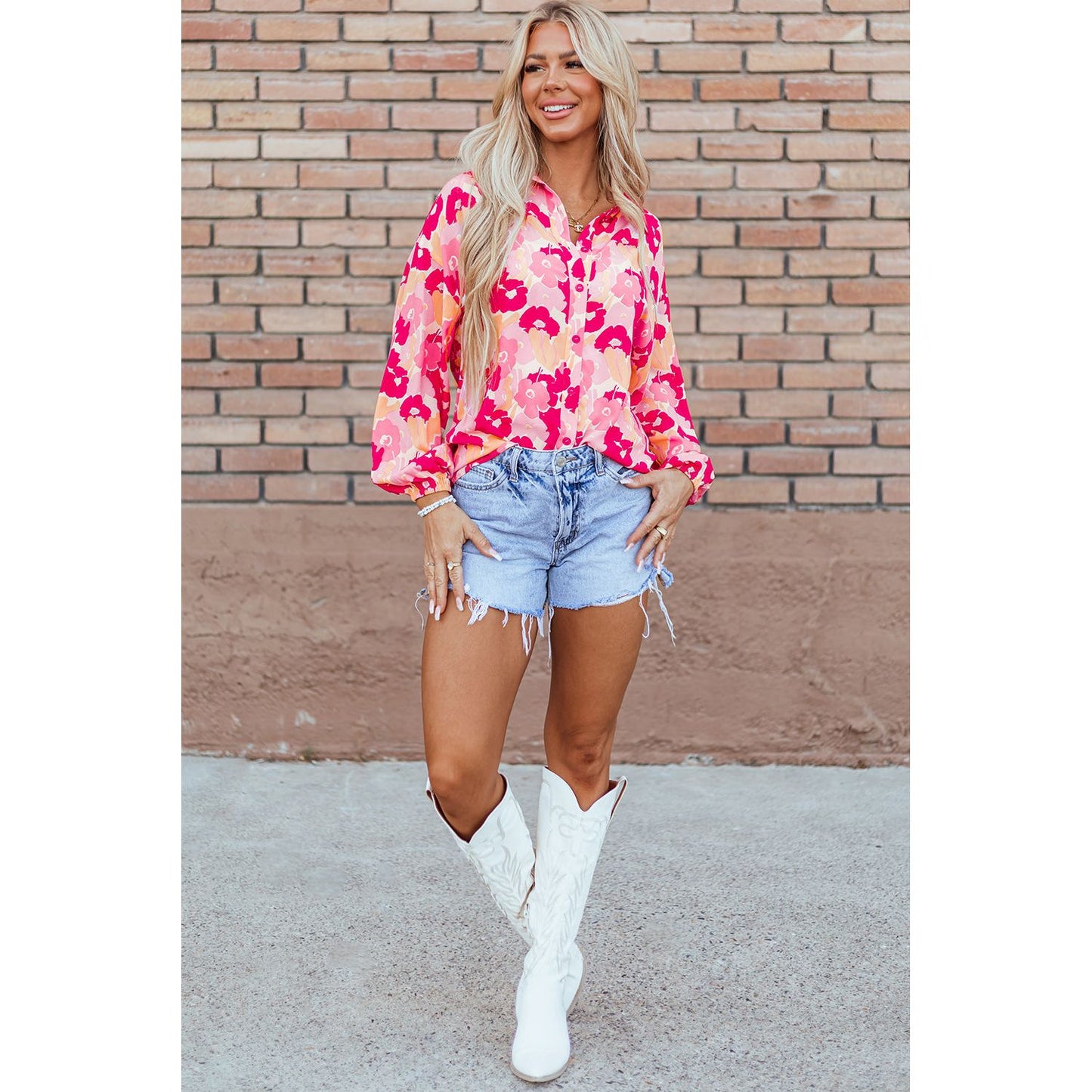 Pink Blooming Floral Print Puff Sleeve Buttoned Blouse