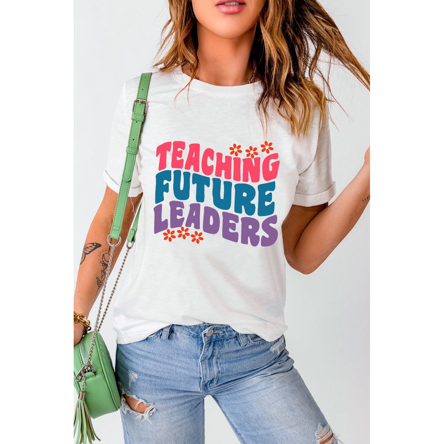 White TEACHING FUTURE LEADERS Floral Graphic Crewneck T Shirt