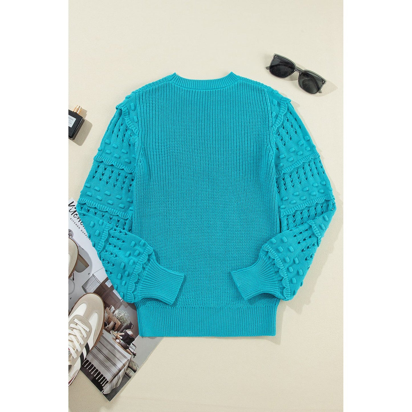 Turquoise Ruffled Eyelet Bubble Sleeve Sweater